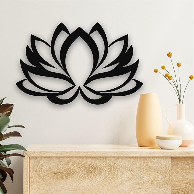 Metal Wall Art - Lotus Flower - Metal Wall Decor Home Office Decoration Yoga Studio Décor, (18" W x 12" H/46x31cm, Black)
