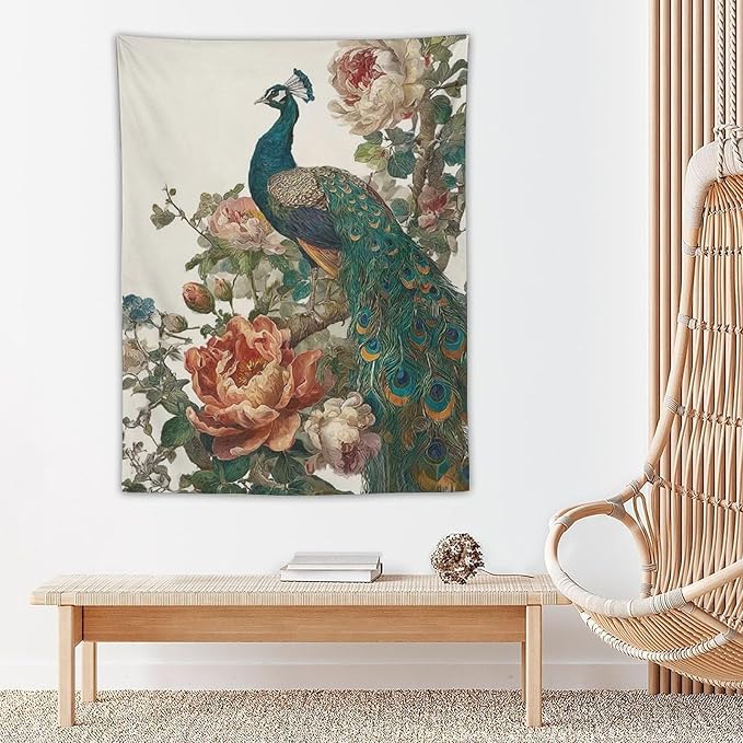 UUKXKUU Peacock Oriental Retro Blooming Flowers Tree Tapestry Flag Backdrop Wall Hanging Large Wall Art Decor for Dorm Office Bedroom Living Room 30"×40"