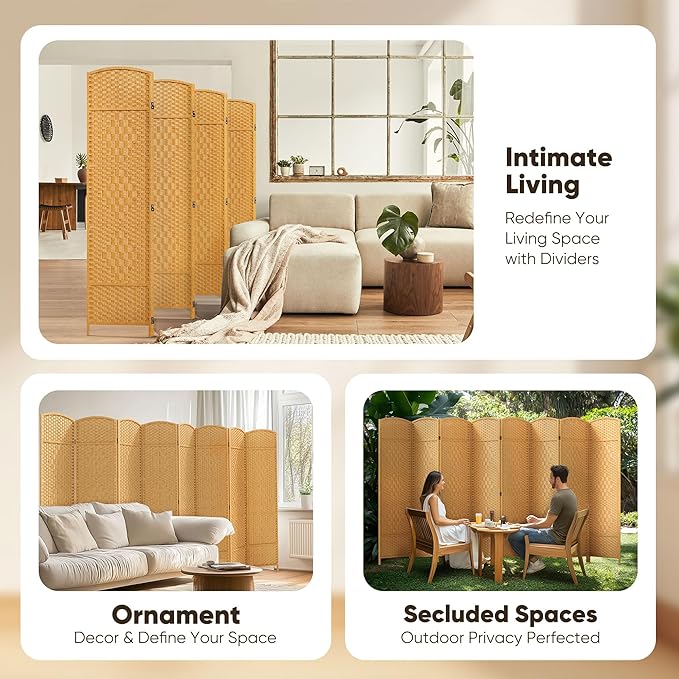 JOSTYLE Room Divider 6ft. Tall Extra Wide Privacy Screen, Folding Privacy Screens with Diamond Double-Weave Room dividers and Freestanding Room Dividers Privacy Screens(Yellow, 8-Panel)