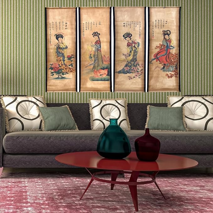 CIFIBIFUN Wall Asia Art Prints Posters Painting Eastern Vintage Style,4 Panels Old Paper Scroll Wood Framed Ready to Hang,Super Large Home Walls Decor Women