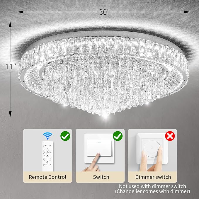 30" Ceiling Crystal Chandeliers: K9 Crystals 3 Color Temperature Led Light Dimmable with Remote - Modern Silver Chandelier Crystal Flush Mount Ceiling Lights for Dining Room, Living Room, Bedroom