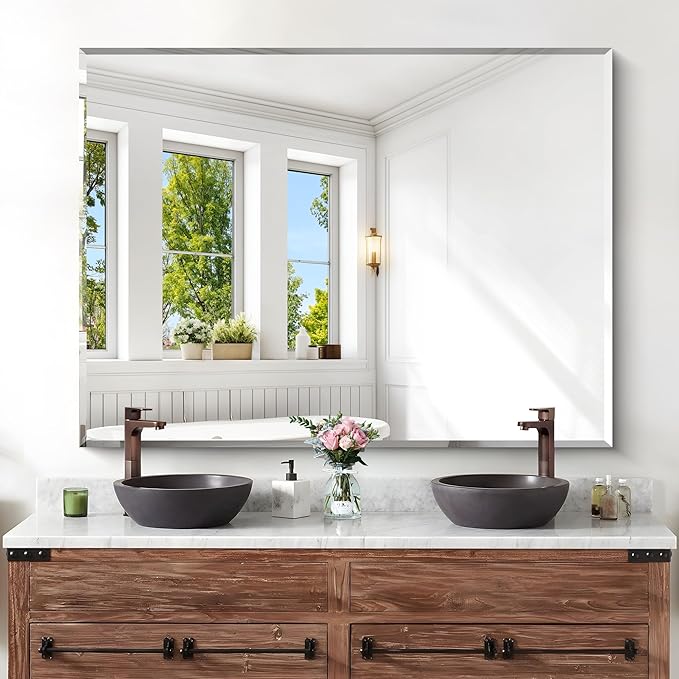 KOCUUY Beveled Mirror, 48x36 Inch Large Frameless Bathroom Mirror for Over Sink, Upgraded Shatterproof Beveled Unframed Design Mirror for Bathroom, Bedroom, Hang Horizontal/Vertical