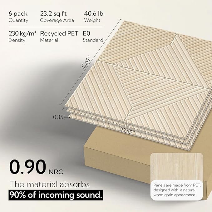 Olanglab Peel and Stick Wall Panels 6 Pack, 23.6 x 23.6 per Wall Panels, Acoustic Wall Panels, Sound Absorbing Wall Art for Home Studio and Office, Light Natural Oak Pattern, Diamond Design