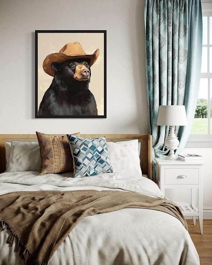 Black Bear Cowboy Art Print Poster Wall Art, Western Country Farmhouse Wild West for Bedroom, Bathroom, Living Room Art Decor 58 (Black Bear, 8 x 10 inches, Black Frame)