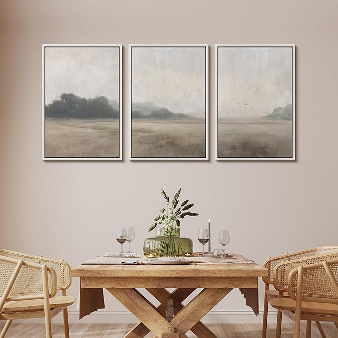 MUDECOR Framed Wall Art Print Set Serene MeadowTranquil Landscape with Foggy Fields and Distant Trees Illustrations Realism Decorative for Living Room, Bedroom, Office - 24"x36"x3 White