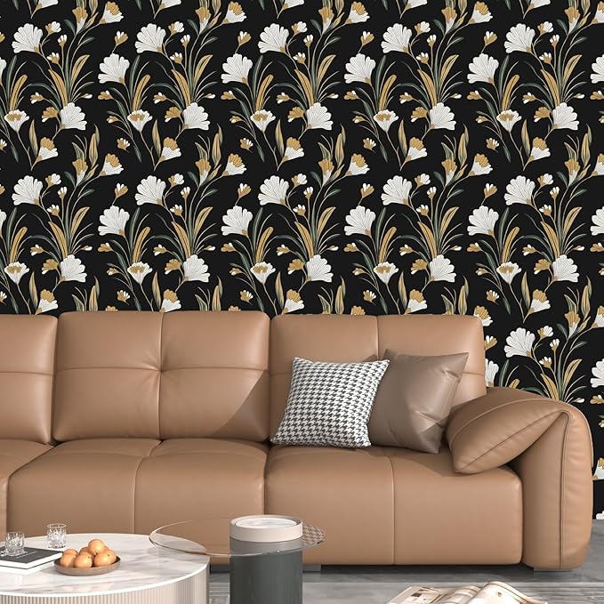 Black Gold Peel and Stick Wallpaper White Floral Contact Paper 17.5in x 118in Dark Vintage Plants Lines Flower Self Adhesive Waterproof Removable for Room Shelves Cabinet Drawer Table Decor