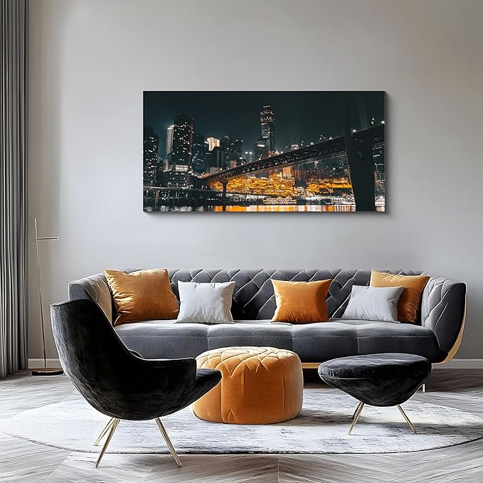 NAN Wind 1PCS Chongqing City Nightscape Canvas Wall Art Illuminated Chinese Skyline with Bridge Skyscrapers Modern Urban Landscape Photography Print for Living Room Office Bedroom Decor
