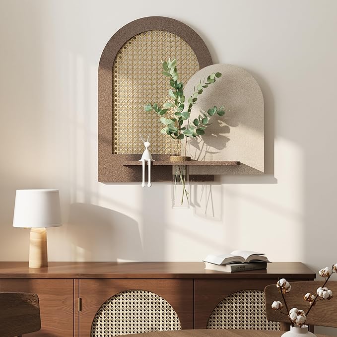 3D Textured Neutral Abstract Wall Art Decor With Shelf, Boho Beige and Brown Artwork for Walls With Green Accent, Modern Minimalist Wall Decor for Living Room, Hallway, Kitchen, Bedroom, Office 24x24