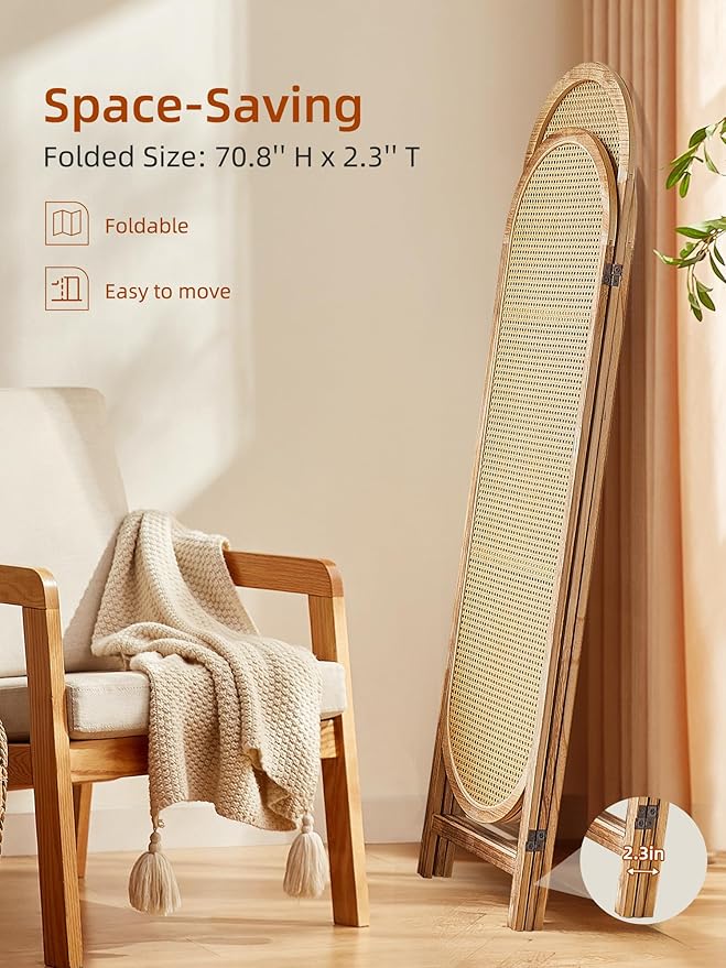 3 Panel Room Dividers and Folding Privacy Screens, Wooden Room Divider with Bi-Directional Hinge, Pre-Assembled Hand-Made Rattan Privacy Dividers for Balcony, Bedroom, Hotel Decorations