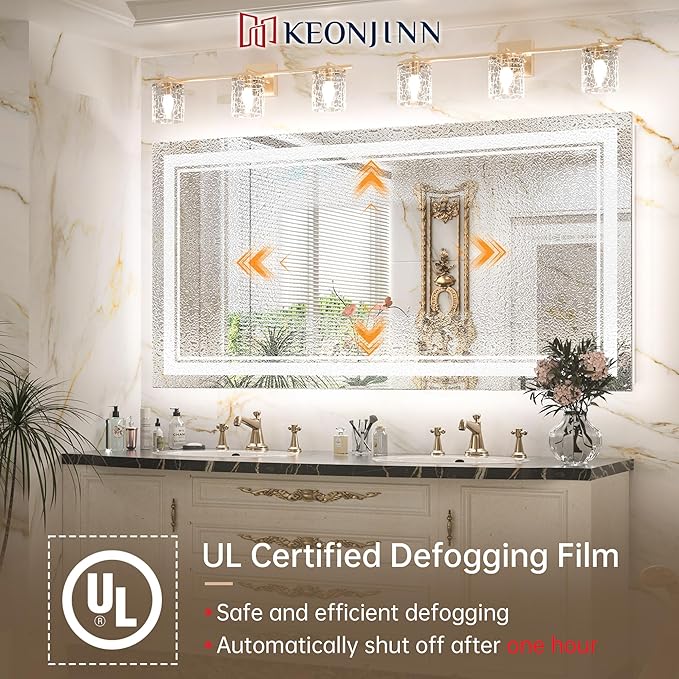 Keonjinn LED Bathroom Mirror 48" x 24" with Frontlit and Backlit, Stepless 3 Colors Temperature & Dimmable Wall Mirror, Tempered Glass, UL Listed LED Driver, Double LED Strips Lighted Vanity Mirror