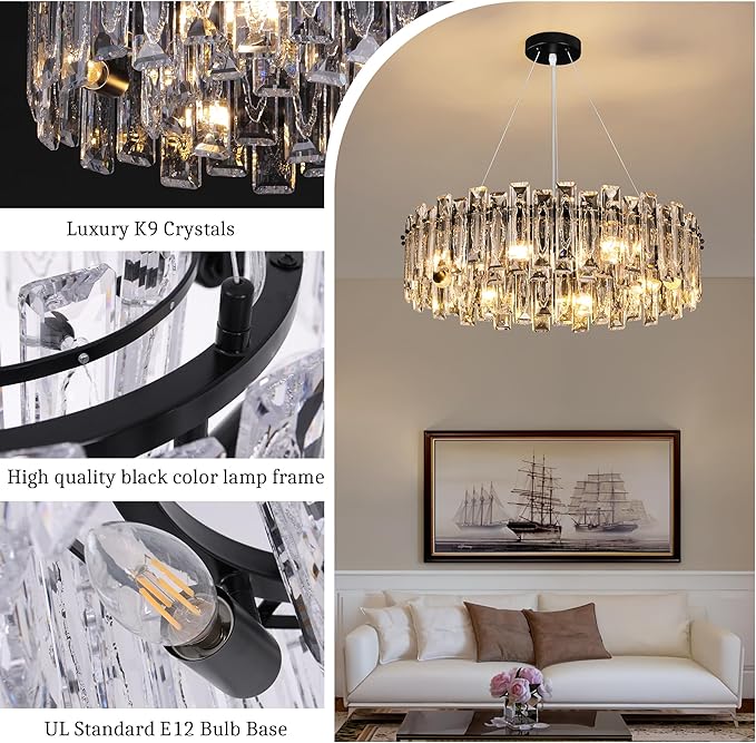 Modern Luxury K9 Crystal Chandelier 8-Lights Round Pendant Light Easy Install Ceiling Hanging Light Fixture for Dining Living Room Kitchen Island Entryway Foyer D23.6 Black