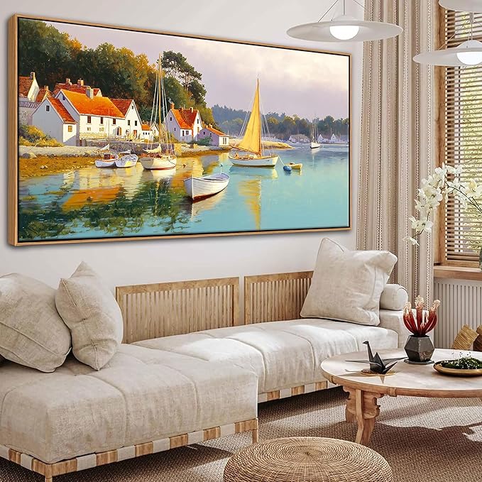 AJAZIKO Coastal Wall Art - Rustic Ocean & boat Canvas Art for Living Room & Bedroom Decor - Framed Landscape Artwork for Walls - Italian Farmhouse & Country Wall Decor Print Pictures29x58IN