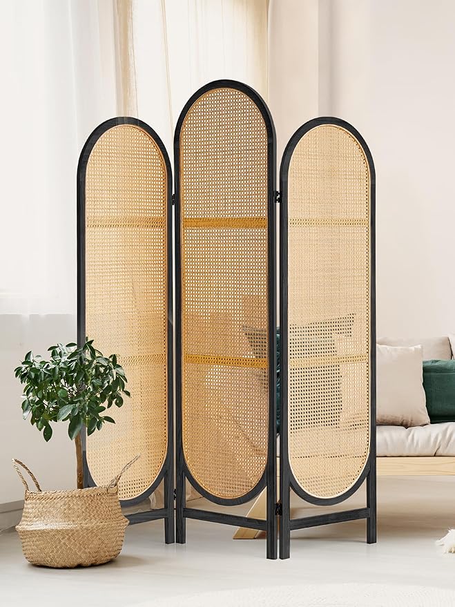 3 Panel Folding Room Divider, Hand-Woven Rattan Room Dividers and Folding Privacy Screens with Bi-Directional Hinge, Pre-Assembled Partition Room Dividers for Home Office Bedroom Restaurant, Black