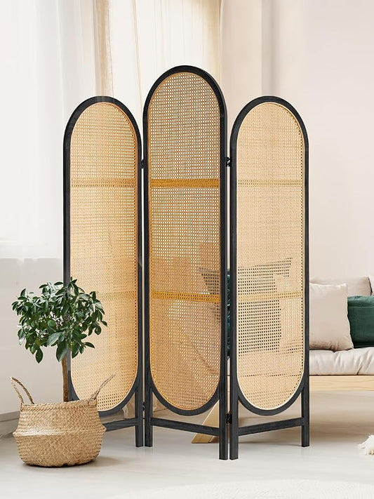 3 Panel Folding Room Divider, Hand-Woven Rattan Room Dividers and Folding Privacy Screens with Bi-Directional Hinge, Pre-Assembled Partition Room Dividers for Home Office Bedroom Restaurant, Black