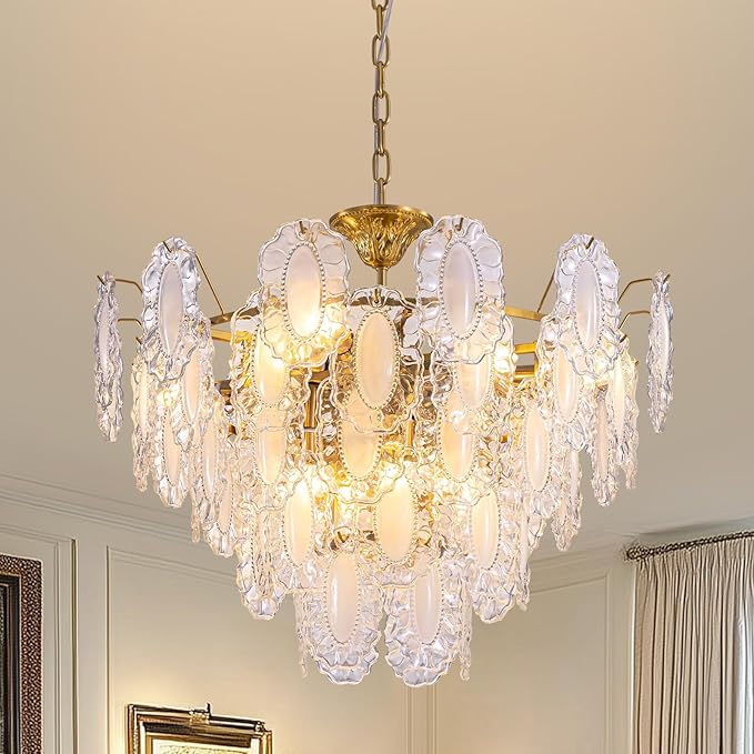 7PM Modern Gold Glass Chandelier, 5-Layer Antique Crystal Chandeliers 12 Light Round Pendant Ceiling Fixture 59" Hanging Adjustable Chain for Foyer, Living Room, Bedroom, Dining Room 27.5 inch