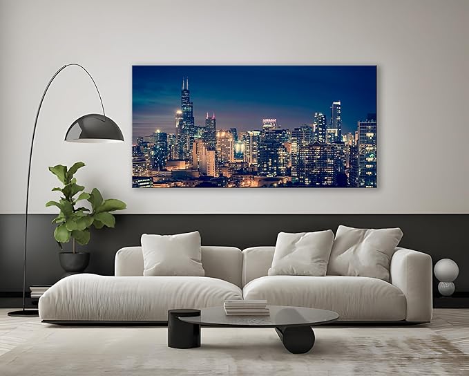 NAN Wind Modern Canvas Painting Chicago Skyline at Night Wall Art Cityscape Picture Print on Canvas Blue City Cool Building Giclee Artwork for Home Office Living Room Bedroom Decoration Framed