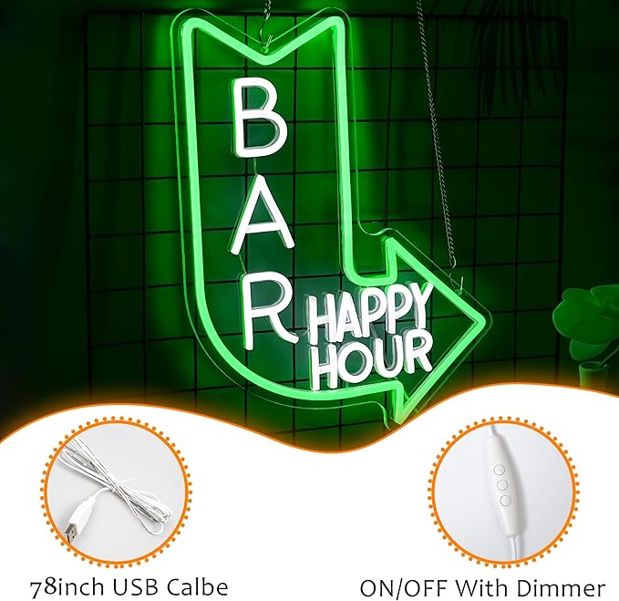 LISIGNVE Bar Happy Hour Neon Sign Adjustable Brightness Happy Hour Neon Light for Wall Decor LED Bar Light Up Sign for Beer Pub Club Party Man Cave (16.5”*12.6”)