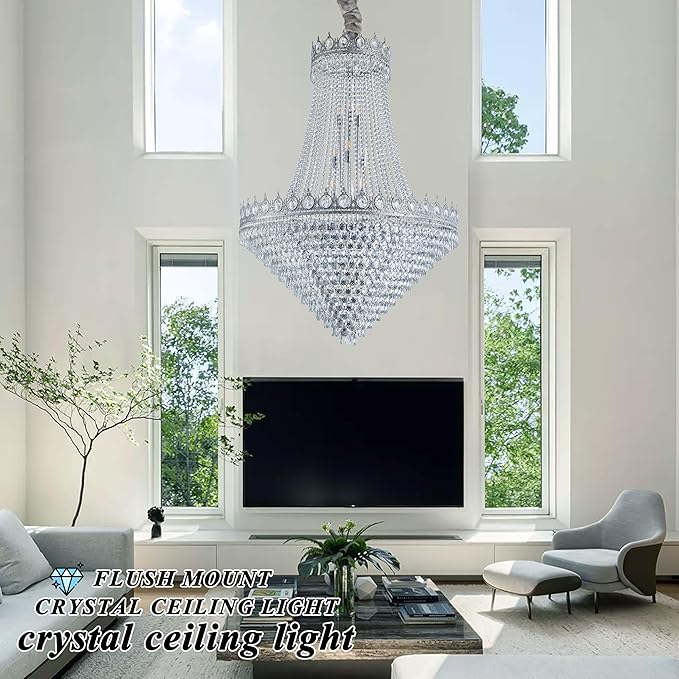 KoKo&Yukina 32" Modern Brushed Nickel Crystal Chandelier - French Empire Round Large High Ceiling Sloped Hanging for Hallway Staircase