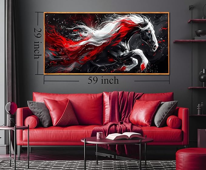 Ouzzlie Horse Wall Art Red Wall Decor Living Room Animal Pictures Black White Wall Decorations for Living Room 29" x 59"