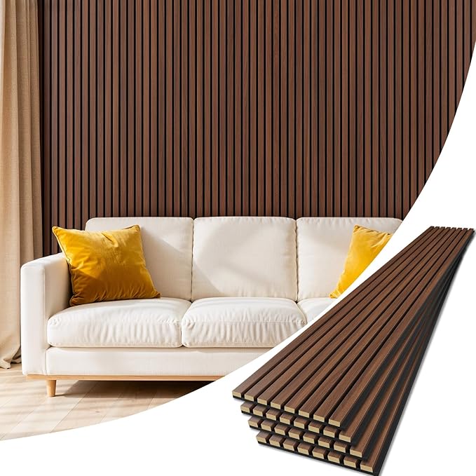 4 Pack Wood Panels for Wall, 94.4" x 12.6" Acoustic Wood Slat Wall Panel for Interior Decor & Noise Reduction, Soundproof Panel, Sound Absorbing 3D Textured Panels - Walnut
