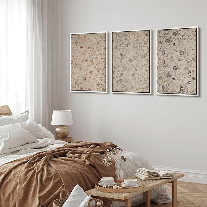 MUDECOR Framed Wall Art Print Set Vintage Floral Botanical in Neutral Tones Illustrations Realism Decorative for Living Room, Bedroom, Office - 16"x24"x3 White