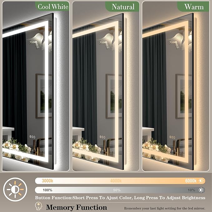 40x36 LED Lighted Bathroom Mirror, Black Frame Vanity Mirrors with Lights, 3 Colors, Anti-Fog, Shatterproof, Backlit and Front Lights, Memory, ETL Listed (Vertically/Horizontally)