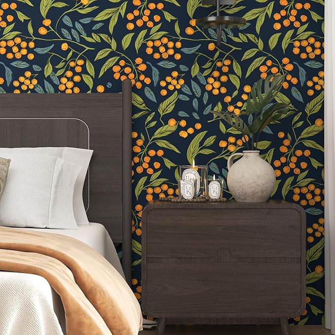 Blue Orange Wallpaper Peel and Stick Boho Floral Contact Paper Removable Waterproof Leaves Paper for Drawer Countertop Cabinet Renter Friendly 17.5 x 393.5In