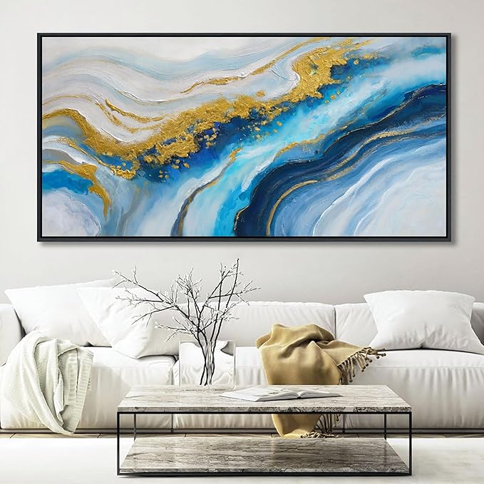 Blue Wall Art for Living Room - Abstract Canvas Wall Art, Modern Gold Painting, Office, Above Bed Wall Decor, Large Pictures for Bedroom Framed Artwork for Walls 29×58IN