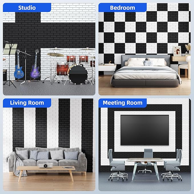 20 Pack Acoustic Panels with Self Adhesive, 12" X 12" X 0.4" High Density Sound Proof Foam Panels for Walls, Soundproof Wall Panels, Brick Sound Absorbing Panels for Home Studio Office Decor - Black