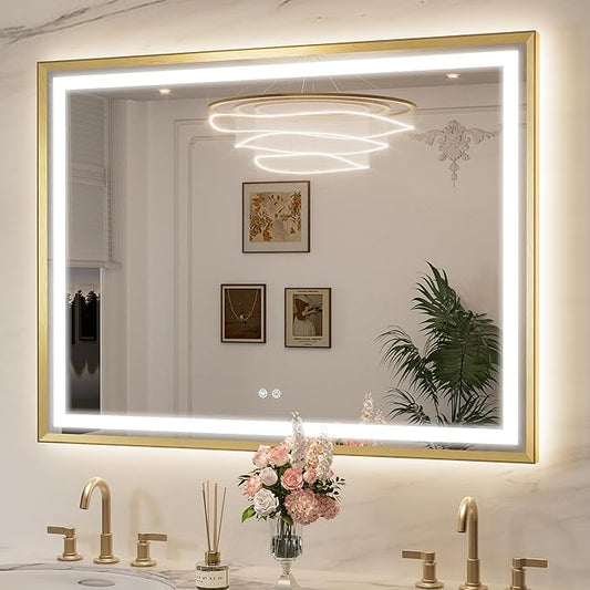 Keonjinn 48 x 36 Inch Large LED Mirror with Frontlit & Backlit, Gold Lighted Bathroom Mirror for Wall, HD Tempered Glass, UL Listed LED Driver, Beveled Framed, 3 Color Lights, Dimmable, Safe Defogging