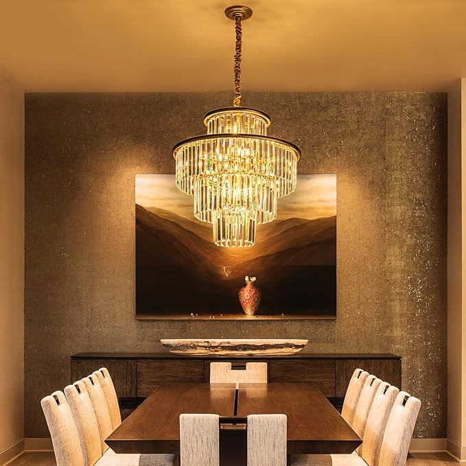 23" 14-Light Modern Crystal Chandelier Light Fixtures 4-Tier Gold Luxury Chandeliers for Dining Room Round Hanging Pendant Lighting for Living Room Kitchen Entryway Bedroom Foyer Hallway