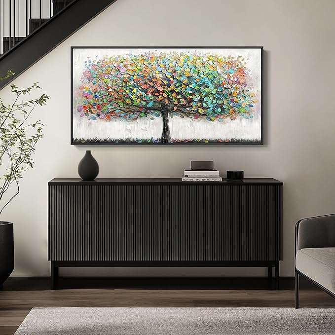 Large Framed Tree of Life Colorful Wall Art, Modern Canvas Prints Paintings Artwork for Walls, Bright Big Tree Pictures for Living Room Fireplace Dining Room Bedroom Office Wall Decor 30x60 Inch