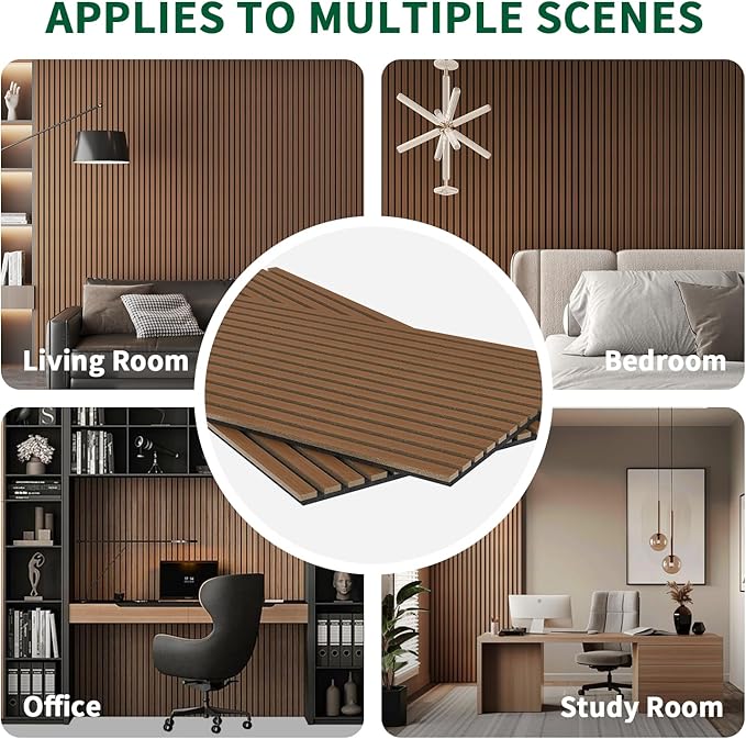 2 Panel Wood Slat Acoustic Panel 48" x24" for Sound Absorbing, Soundproof Wood Slat Panel Cover 16 Sq.Ft, 3D Fluted Sound Absorbing Paneling for Wall Decor, Living Room, Bedroom, Walnut
