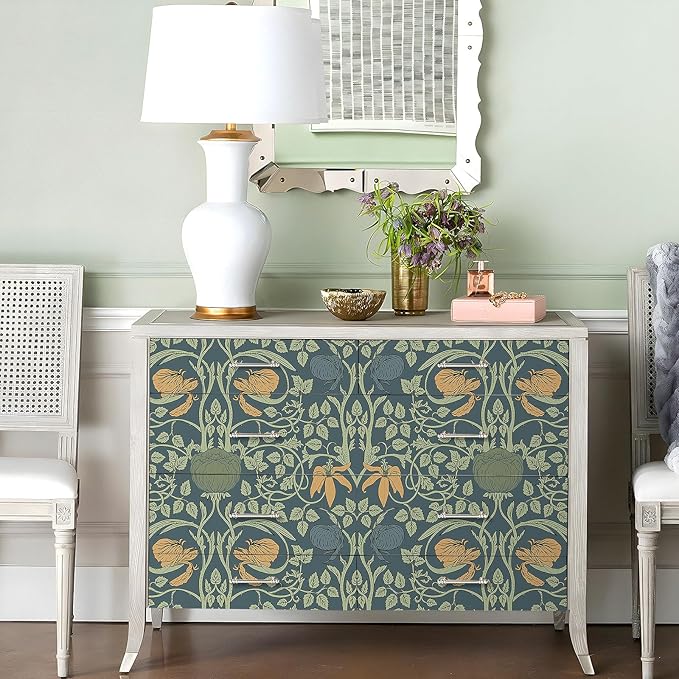 Livelynine Vintage Floral Wallpaper Peel and Stick William Morris Golden Lily Green Blue Victorian Antique Wall Paper Prepasted Dark Floral Contact Paper for Cabinets Waterproof Leaf Flower 17.5x78.8