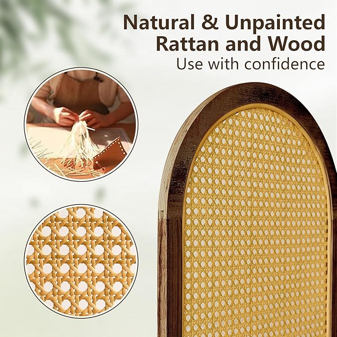 4 Panels Room Dividers and Hand-Woven Rattan Room Divider Wall, Wood Room Divider Folding Privacy Screens for Home Office Bedroom, Brown
