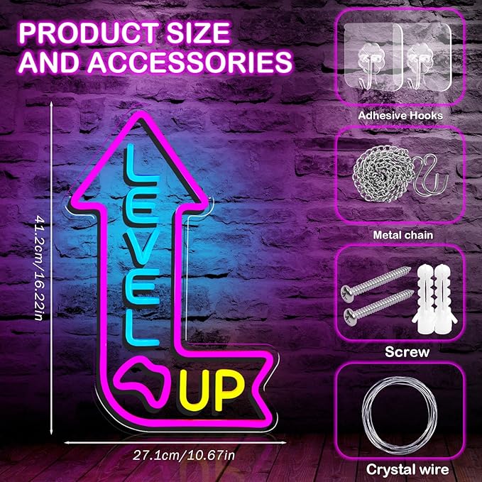 Level Up Neon Sign for Gamer Room Dimmable Game Neon Sign LED Gaming Light up Sign for Man Cave Game Room Zone Home Bedroom Party Decoration for Gamer, Boys, Teens