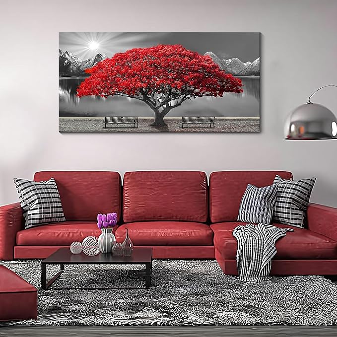 Mofutinpo Black and White Red Tree Wall Art Canvas Print Picture Large Red Tree Landscape Modern Artwork for Living Room Bedroom Office Home Wall Decor With Frame 24X48inch