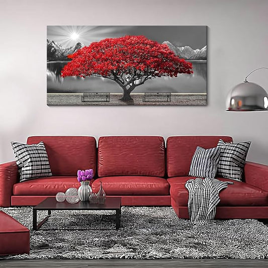 Mofutinpo Black and White Red Tree Wall Art Canvas Print Picture Large Red Tree Landscape Modern Artwork for Living Room Bedroom Office Home Wall Decor With Frame 24X48inch