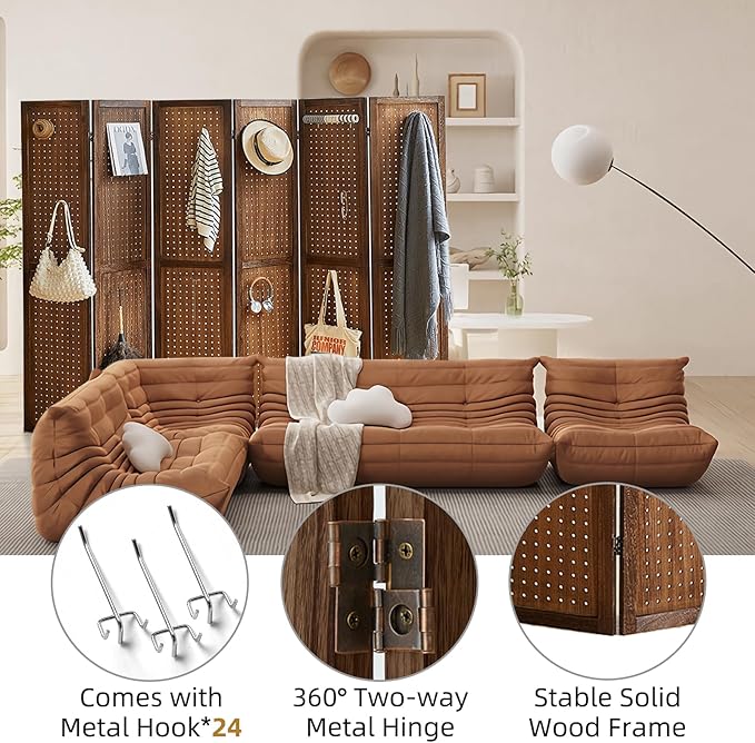 6 Panel Pegboard Display with 24 Hooks, Wood Room Divider Wall, 5.6Ft Folding Privacy Screen Divider Room, Portable Freestanding Wall Organizer for Bedroom Reading Room(Dark Brown)