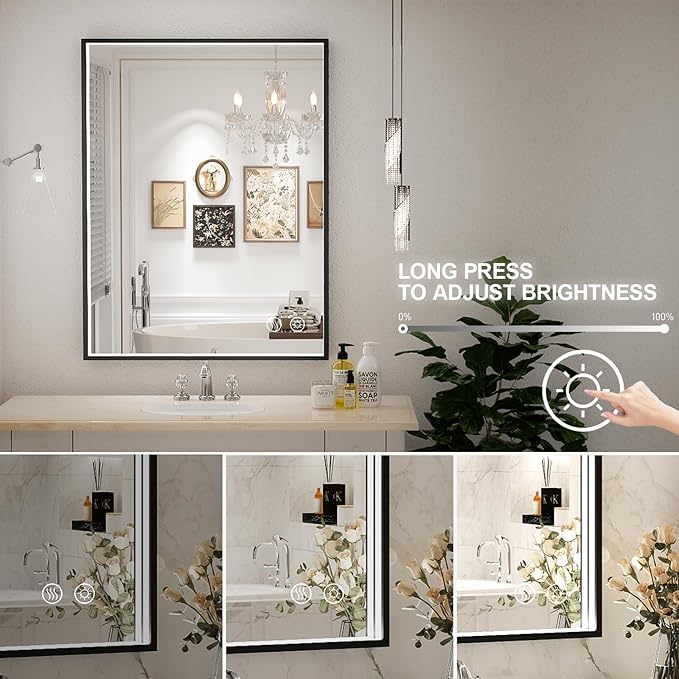 24x32 Inch LED Bathroom Mirror with Lights, Black Metal Frame Mirror, Wall Mounted Lighted Vanity Mirrors