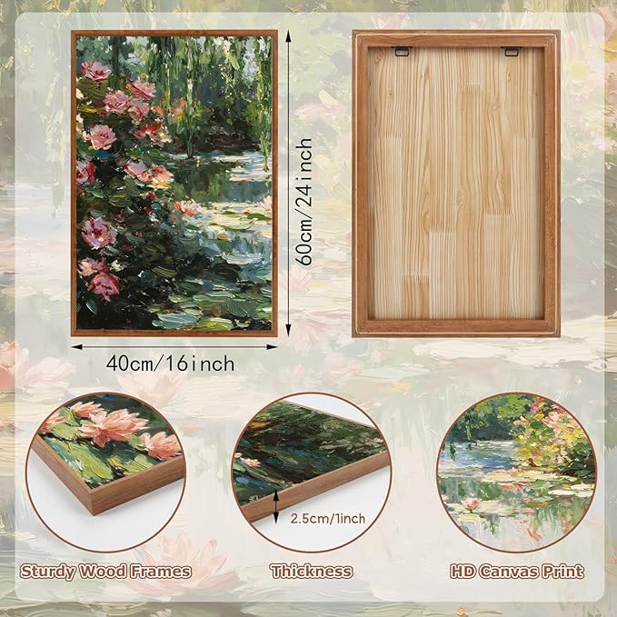 LHIUEM Monet Water Lilies Floral Framed Canvas Wall Art Set,Vintage Impressionist Botanical Wall Decor,Oil Paintings Style Flowers Artwork for Living Room,Bedroom,Dining Room,Office -16"x24"x3