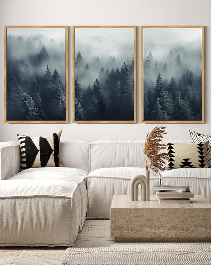 KUVIOKE Blue Fog Pine Tree Framed Wall Art Nature Nordic Forests Artwork Morden Painting Home Decor 16x24in (Natural Framed)