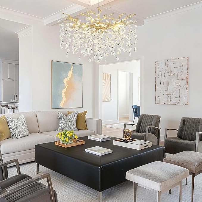 Modern Gold Crystal Chandeliers 31.5" Luxury K9 Crystal Large Chandelier for Living Room Mid Century Tree Branch Chandelier Ceiling Pendant Lighting Fixture for Bedroom Kitchen Staircase