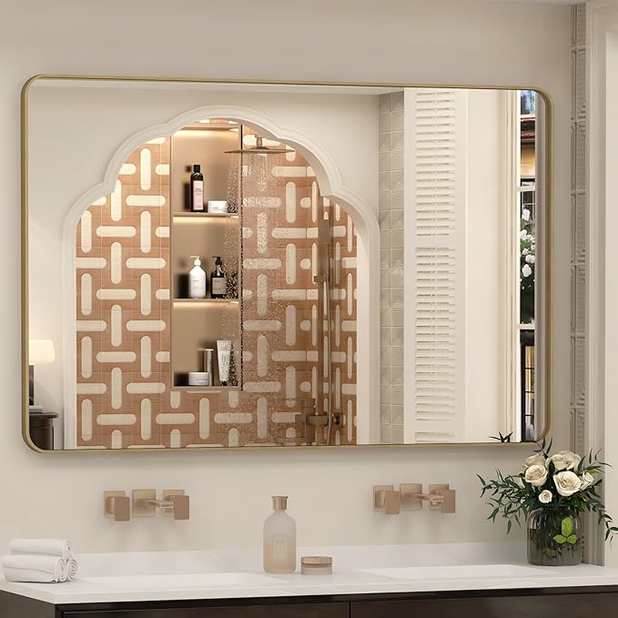 55x36 Inch Gold Framed Bathroom Mirror, Rectangle Brushed Gold Metal Vanity Mirror, Large Modern Mirror for Wall, Rounded Corner, Tempered Glass, Anti-Rust, Shatterproof (Horizontal/Vertical)