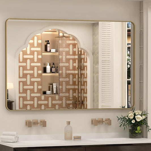 55x36 Inch Gold Framed Bathroom Mirror, Rectangle Brushed Gold Metal Vanity Mirror, Large Modern Mirror for Wall, Rounded Corner, Tempered Glass, Anti-Rust, Shatterproof (Horizontal/Vertical)