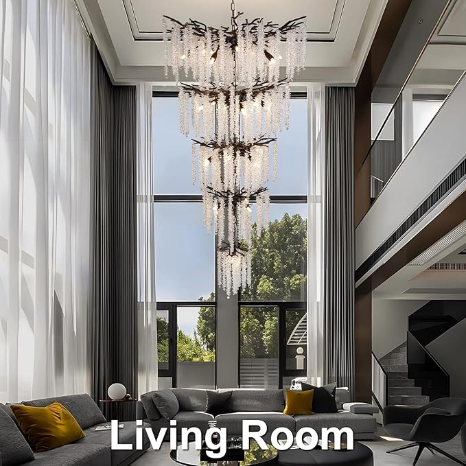 118'' Black Branch High Ceiling Chandelier, 28-Light Modern Long Tree Chandeliers, 3CCT Dimmable, Large Luxury Foyer Chandelier, Raindrop K9 Crystals Fixtures for Staircase, Entryway, Living Room