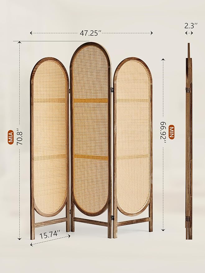 3 Panel Hand-Woven Rattan Room Dividers and Folding Privacy Screens with Bi-Directional Hinge, Pre-Assembled Partition Room Dividers for Home Office Bedroom, Dark Brown