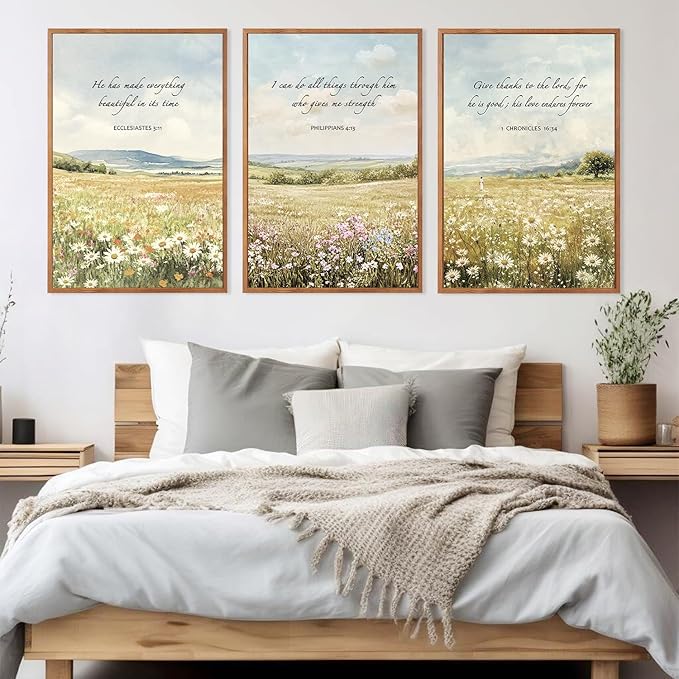LHIUEM Christian Flowers Framed Canvas Wall Art,Vintage Bible Verse Wall Decor,Religious Jesus Prints,Natural Scripture Artwork for Living Room,Bedroom,Dining Room -16"x24"x3