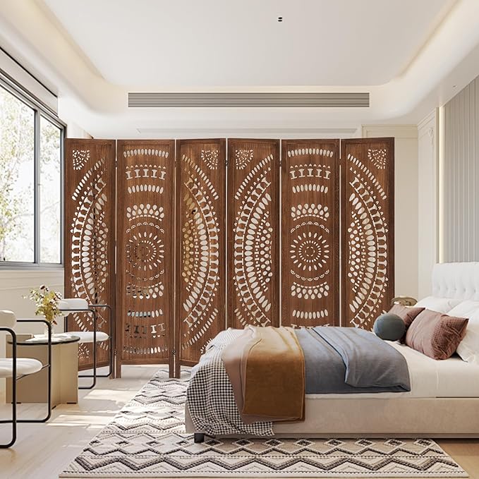 Boho 6 Panel Room Divider, Room Dividers and Folding Privacy Screens, Modern Room Partition, 67" Room Divider Wall, Privacy Dividers for Rooms, Bedroom, Office, Dark Brown
