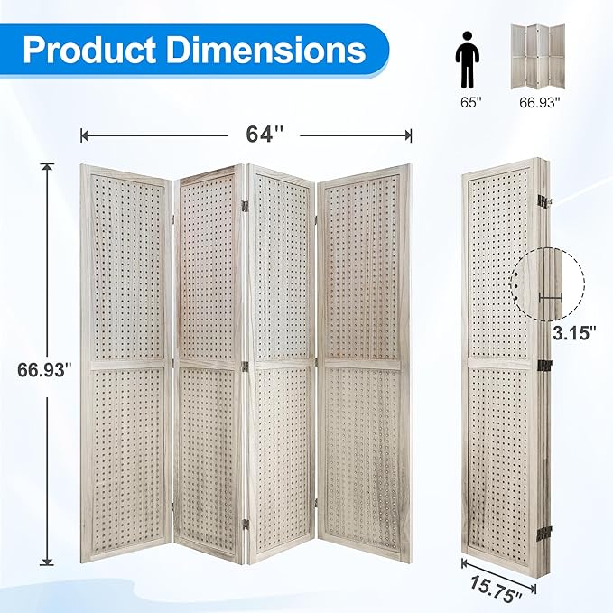 4 Panel Room Divider with Pegboard Display 5.6FT Wood PegBoard Room Dividers, Folding Privacy Screens Portable Freestanding Partition Wall Divider for Art Shows & Room Separation, Natural Wood